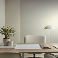 a desk with a book, coffee cup and plant on it next to a lamp