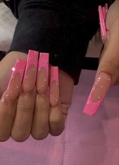 Long Baddie Nail Designs, Long Tapered Square Nail Designs, Pink Prom Nails Acrylic, Nail Pics, Mail Ideas, Long Acrylic Nail Designs, Tapered Square, Drip Nails, Colored Acrylic