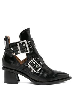 double-buckle cut-out ankle boots from GANNI featuring black, faux leather, double buckle fastening, cut-out detailing, pointed toe, silver-tone hardware, eyelet embellishment, rear zip fastening, mid block heel and branded insole. Cutout Boots, Buckle Outfits, Curated Closet, Buckle Ankle Boots, Faux Leather Boots, Ankle Boots Black, Upcycled Materials, Brown Ankle Boots, Pointed Toe Shoes