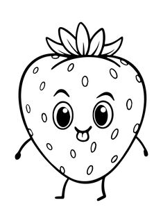 a cartoon strawberry with big eyes and a bow on it's head, outlined in black and white