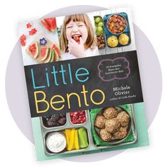 a book cover for little bento by michele olversi with pictures of food in the background