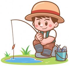 a boy fishing in the pond with his hat on and holding a fishing rod while kneeling down