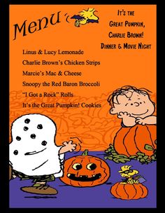 a menu for a halloween party with pumpkins and ghost