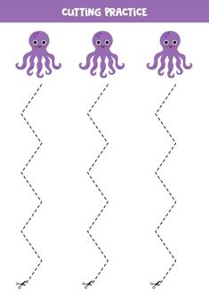 Cutting practice for children with cute purple octopus. Octopus Worksheet Preschool, Octopus Activities For Preschool, Octopus Worksheet, Preschool September, Purple Octopus, Prek Ideas, Ocean Unit, Purple Cute, Animal Tails