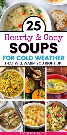 A collage of simple and hearty soup recipes for cold weather. Top Soup Recipes, Soup Crockpot Recipes, Potluck Comfort Food, Stove Top Soup Recipes, Simple Soup Recipes, Stove Top Soup, Cozy Soup Recipes