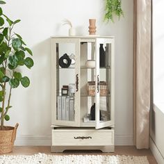 a white cabinet sitting next to a potted plant