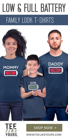 Shop these funny Matching Family T-shirts with Low and Full Battery Graphic on Front. Available in many colors and sizes. Free Shipping now for Father's day. Get one for Father, Mother, Daughter, Son and Baby. #family #matching #outfit #apparel #matchingset #matchingfamily #mommyandme #daddyandme #fatherson #motherdaughter #baby #batterylow #batteryfull #batteryshirts #familylook #matchingfamilytshirts #teelikeyours #fathersday #mothersday #birthday #pregnancy #newbaby #babyshower #announcement Matching Crew Neck T-shirt For Father's Day, Family Matching Cotton T-shirt Gift, Matching Family T-shirts For Father's Day, Funny Family Cotton T-shirt, Blue T-shirt With Letter Print For Family Reunion, Cotton Crew Neck T-shirt For Family Events, Father's Day Family Reunion T-shirt With Short Sleeves, Father's Day Family Cotton T-shirt, Blue Short Sleeve Top For Family Reunion