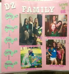 a pink sign with pictures of people and words on it that say dz family