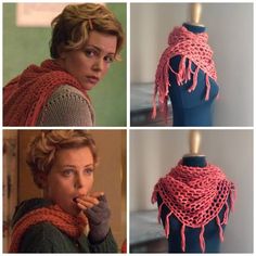 three pictures of a woman wearing a pink knitted shawl with tassels