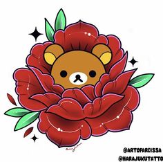 a brown teddy bear in a red flower with leaves on it's head and eyes