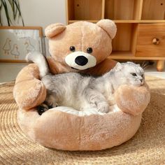 a cat laying in a teddy bear bed with a stuffed animal on it's back