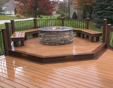 a wooden deck with a fire pit on it