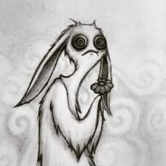 a drawing of a bunny holding a flower in it's mouth and looking at the camera