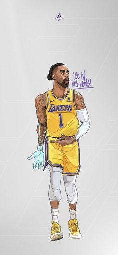 a drawing of a basketball player with his hand on his hip and the word lakers written above him