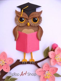 an owl is sitting on a branch and reading a book with flowers in the background