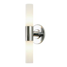 a chrome wall light with a white glass shade