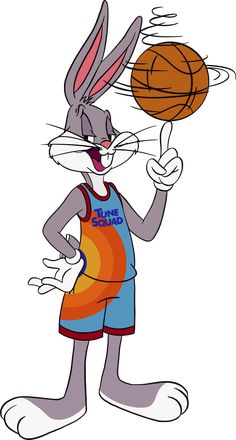 a cartoon rabbit holding a basketball in his hand and wearing shorts with an orange shirt