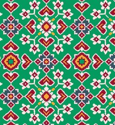 a green background with red, white and blue designs