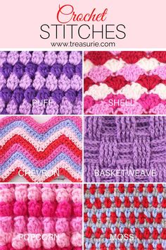 the crochet stitches pattern is shown in four different colors, including pink, purple, and red