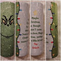 the grinch canisters are decorated with glitter