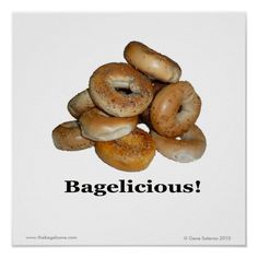 bagels piled on top of each other with the words bagellicious