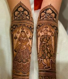 two feet with henna tattoos on them and one has an image of the bride and groom