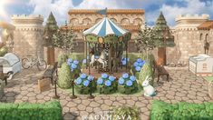 an animated image of a park with a carousel and blue flowers in the foreground