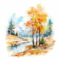 Simple Autumn Watercolor Paintings, Fall Tree Watercolor Painting, Learn Watercolor Painting, Digital Painting Techniques, Watercolor Paintings For Beginners, Diy Watercolor Painting