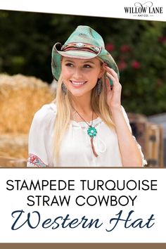 Stampede Women's Western Hat - The Calypso in Turquoise! Womens western fashion, womens western outfits, women's western clothing, womens western boots, women's western wear, womens western shirts, womens western jeans, womens western style, horse hats, straw hats, wool hats, travel western hats, feather hats, bandhats, trending hats, rancher hats, PBR cowboy hats, austin open crown hats, ribbon hats, bullhide hats, boater hats, sale hats. #Cowboyhats #Westernhats #Westernstyle #Womenhats Women's Western Clothing