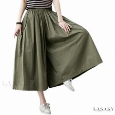 Lasaky - Cotton-Linen Elastic Waist Long Flared Skirt Spring Casual Ankle-length Maxi Skirt, Spring Ankle-length Casual Maxi Skirt, Spring Full-length Baggy Skirt, Baggy Full-length Skirt For Spring, Solid Color Baggy Long Skirt, Casual Wide Hem Spring Pants, Casual Wide Hem Pants For Spring, Casual Green Skirt, Non-stretch Green Long Skirt