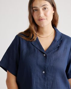 Say hi to relaxed, laidback luxe. Throw on this collared short sleeve with anything to level up a day-to-day fit. The boxy cut will pair with our linen shorts or pants to create your dream resort-life look. Our linen is made from 100% European flax, which is more sustainable and less resource-intensive to grow. Linen is the ultimate year-round fabric because it's breathable and naturally heat-regulating.  | Quince | Women's 100% European Linen Short Sleeve Shirt in Deep Navy, Size Medium Collared Linen Short Sleeve Work Shirt, Collared Linen Short Sleeve Shirt For Work, Linen Collared Short Sleeve Shirt For Casual Gatherings, Collared Short Sleeve Linen Shirt For Casual Gatherings, Everyday Linen Tops With Camp Collar, Everyday Linen Short Sleeve Button-up Shirt, Classic Linen Short Sleeve Shirt For Everyday, Relaxed Linen Short Sleeve Shirt, Relaxed Fit Linen Short Sleeve Collared Shirt