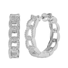 Accessorize your look with these Judy Crowell Sterling Silver Chain Link CZ Hoop Earrings. Click on this JEWELRY & WATCHES GUIDE to learn about fit, styles, materials and more! FEATURES Dimensions: 23 mm x 6 mm Backings: click-it Metal: sterling silver Plating: rhodium Finish: polished Packaging: velvety pouchSTONE DETAILS Stone type: cubic zirconia Total weight: 1 1/4 ct. Shape: round Setting: pave Size: One Size. Gender: female. Age Group: adult. Elegant Silver Hoop Earrings With Chain Detail, Elegant Silver Chain Hoop Earrings, Silver Diamond Huggie Earrings Tarnish Resistant, Silver Diamond Tarnish-resistant Huggie Earrings, Silver Chain Hoop Earrings As Gift, Sterling Silver Chain Link Earrings, Tarnish Resistant Silver Chain Link Earrings, Elegant Chain Link Hoop Earrings For Pierced Ears, Elegant Small Hoop Earrings With Chain Detail