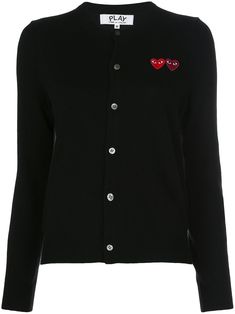 Black wool double heart-patch knit cardigan from Comme Des Garçons Play featuring a round neck, long sleeves, a front button fastening, a ribbed hem and cuffs and signature heart patches to the chest. Fine Knit Cardigan, Heart Patch, Dope Outfits For Guys, Patches Fashion, Heart Patches, Knitting Women Cardigan, Comme Des Garcons Play, Cardigan Black, Double Heart