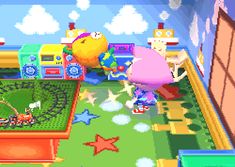 an animal crossing game in the middle of a room with toys and decorations on the floor