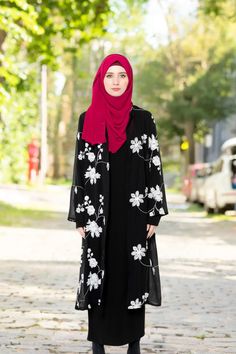 The Black and White Embroidered Sheer Midi Cardigan will transform any outfit you wear it with. The high quality floral embroidery adds a perfect touch of texture. Pair it with jeans and boots for an effortless look, or dress it up with a maxi dress and heels! Sheer White Floral Embroidery Midi Length Model is wearing a small Maxi Dress And Heels, White Floral Embroidery, Open Abaya, Off Black, Cover Up Dress, Dress And Heels, Modest Outfits, Modest Fashion, Floral Embroidery