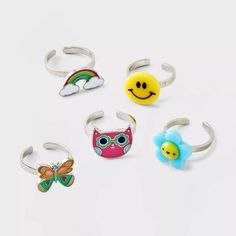 Girls' 5pk Rainbow Smiley Glow In The Dark Ring Set - Cat & Jack™ : Target Glow In The Dark Ring, Rainbow Owl, Dark Ring, Tattoo Choker Necklace, Lego Kits, Dark Rings, Sparkly Outfits, Jewelry For Kids, Butterfly Designs