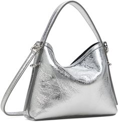 Laminated grained lambskin shoulder bag in silver tone. · Carry handle · Detachable crossbody strap · Logo stamp at face · Pin-buckle straps at face · Open throat · Canvas lining · Logo-engraved silver-tone hardware · H5.5 x W6.5 x D1.5 Supplier color: Light silvery Silver Top Handle Shoulder Bag With Detachable Strap, Silver Leather Top Handle Shoulder Bag, Modern Metallic Silver Shoulder Bag With Silver-tone Hardware, Silver Top Handle Shoulder Bag With Metal Hardware, Silver Top Handle Shoulder Bag, Designer Silver Shoulder Bag With Detachable Handle, Luxury Silver Shoulder Bag With Detachable Handle, Silver Shoulder Bag With Top Handle And Detachable Handle, Chic Silver Shoulder Bag With Detachable Strap