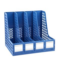 three blue plastic bins with dividers on each side