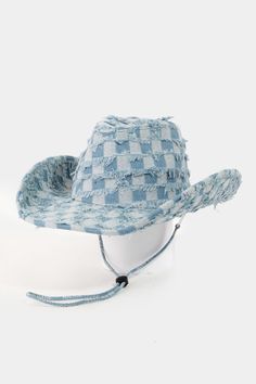 Fame Checkered Fringe Denim Cowboy Hat Denim Cowboy, Wide Brim Felt Hat, Cowboy Chic, Fedora Hat Men, Chapeau Cowboy, Blue Checkered, Denim Style, Dress Hats, Felt Hat