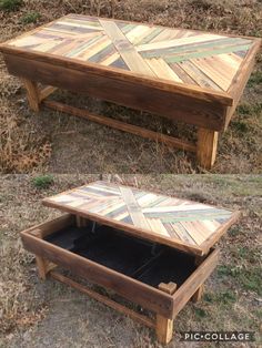 two wooden tables sitting on top of a grass covered field with one open and the other closed