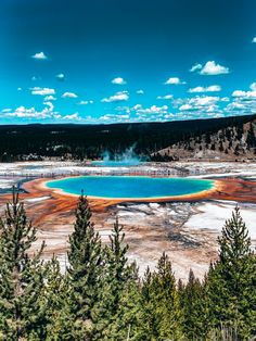 a large blue lake surrounded by trees on a sunny day with clouds in the sky