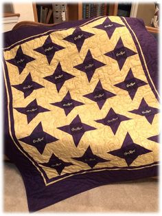 "A fun custom quilt for the Crown Royal fan in your life. Perfect for a man cave, game room, family room, tailgate party, plus a great gift for a bachelor - and ladies, this can also be for YOU! For multiple colors of bags, the star points will be black; also, tan/gold bags will have black or purple star points or they will too easily blend in with the background. Please send a message for specific pricing if out of the ordinary. Sorry, no velvet bags. *NOTE: If you do not have enough Crown Roya Crown Royal Quilt, Crown Royal Bags, Bee Shoes, Game Room Family, Star Quilt Blocks, Halloween Quilts, Bee Baby Shower, Bella Vista, Gold Bag