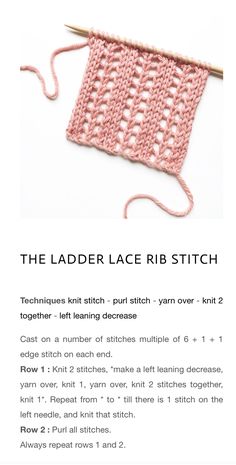 the ladder lace rib stitch pattern is shown in pink and white, with text describing how to