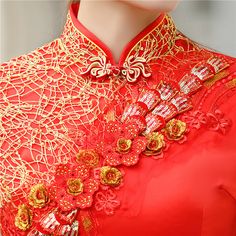 This elegant red qipao, also known as a cheongsam, is a stunning example of traditional Chinese fashion with a contemporary twist. The dress features a vibrant red and golden hue, symbolizing luck and prosperity, making it an ideal choice for special occasions such as weddings, festivals, or formal events. Size Guide: Please refer to the size guide picture before placing the order. Please leave your Height, Weight and Bust/Waist/Hip measurements in the Personalisation box so we could double chec Elegant Red Dresses For Festivals, Traditional Red Cheongsam For Formal Occasions, Red Elegant Cheongsam For Spring, Elegant Red Cheongsam For Spring, Red Traditional Cheongsam For Evening, Traditional Red Cheongsam For Evening, Elegant Red Ao Dai With Stand Collar, Red Dress For Celebration And Festivals, Red Dresses For Celebration And Festivals