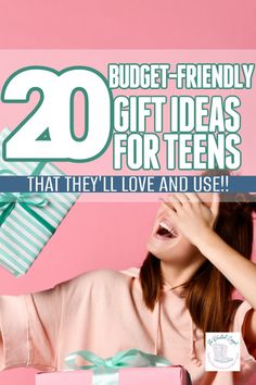 a woman holding a present box with the words 20 budget - friendly gift ideas for teens that they'll love and use