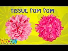 two pink pom - poms are shown in front of a yellow background with the words, tissue pom pom