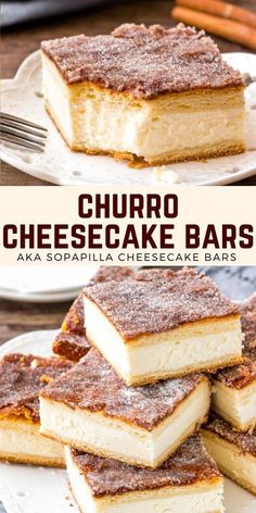 cheesecake bars stacked on top of each other with cinnamon sticks in the background and text overlay