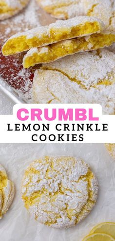 lemon crinkle cookies with powdered sugar on top and the words crumbl