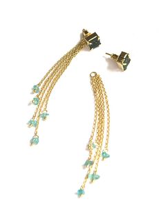 These blue dangly ear jackets can be worn 3 different ways: as little studs, with the dangle in front, or with the stud in the front and dangle in the back. Talk about versatility! The Aventurine stone meaning is derived from the Italian word 'aventura,'' which means 'by chance,'' an apt name for one of the luckiest stones in the world of crystal healing. Aventurine was used as a form of sparkling glass also known as gold stone, which was invented in the 18th century. Besides its beautiful and d Colorful Stud Earrings, Tiger Eye Earrings, Fair Trade Jewelry, Aventurine Stone, Women In India, Lucky Stone, Ear Jacket, Ethical Jewelry, Sustainable Jewelry