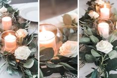 three pictures of candles and flowers on a table